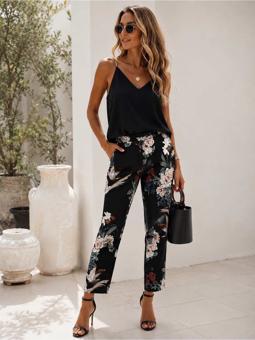 ZARA Black Floral Crane & Oriental Printed Straight Leg Pants Size Large